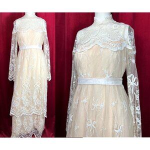 LOVELY 1970s Tambour Lace Wedding Tea Dress Tiered Skirt Edwardian Style 70s